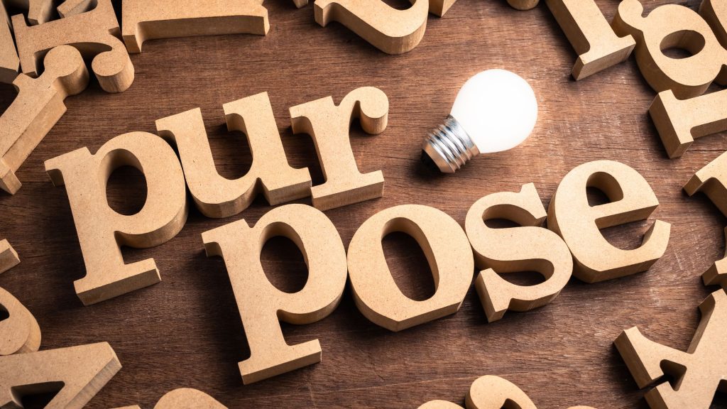 wooden letters spelling purpose with a light bulb