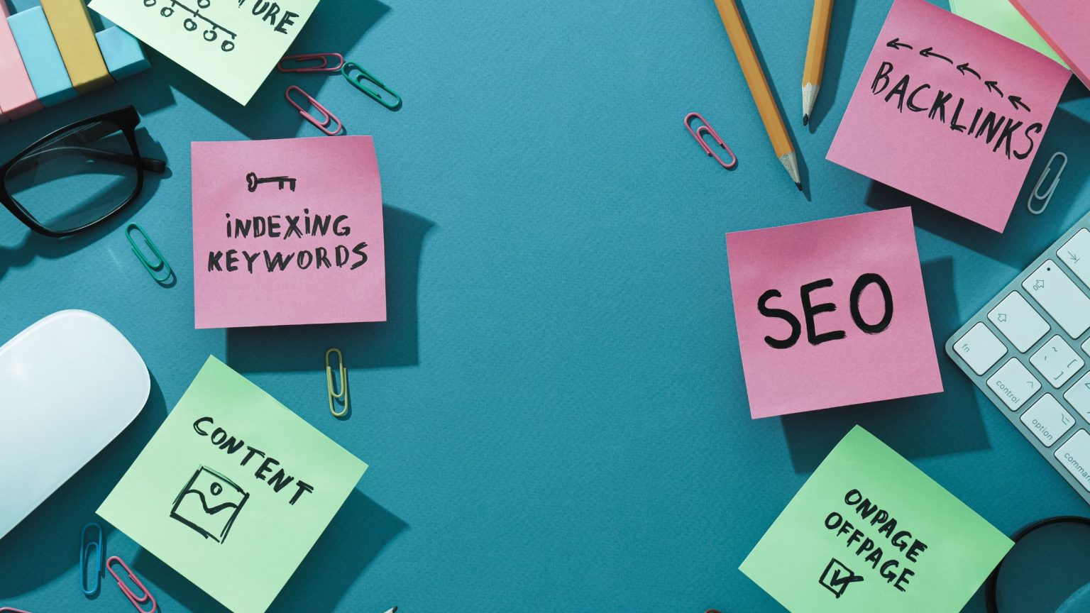 Cotent audit - elements of audit on post it notes with keyboard. Created on Canva